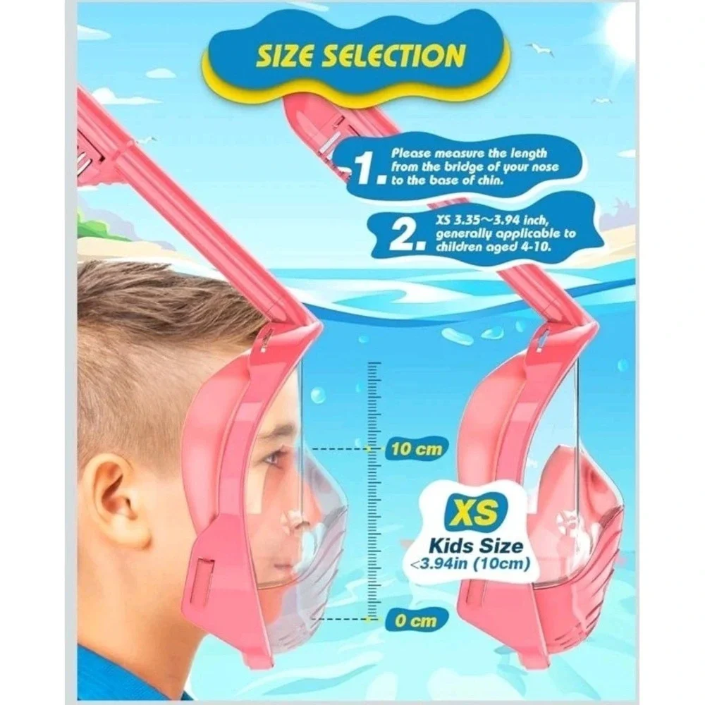 Pink Kids Full Face Snorkel Mask Dry Top Snorkel 180° View Anti-Fog XS